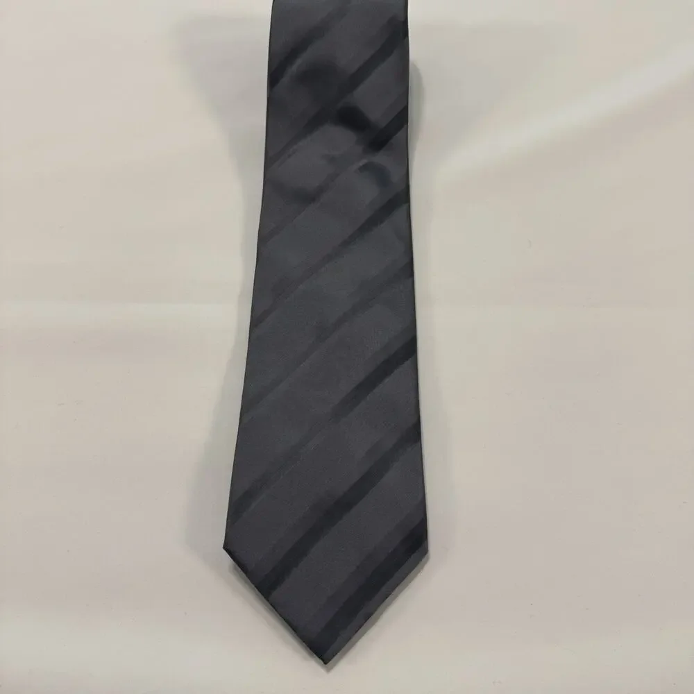 Barneys New York Gray And Black Striped 100% Italian Silk Tie